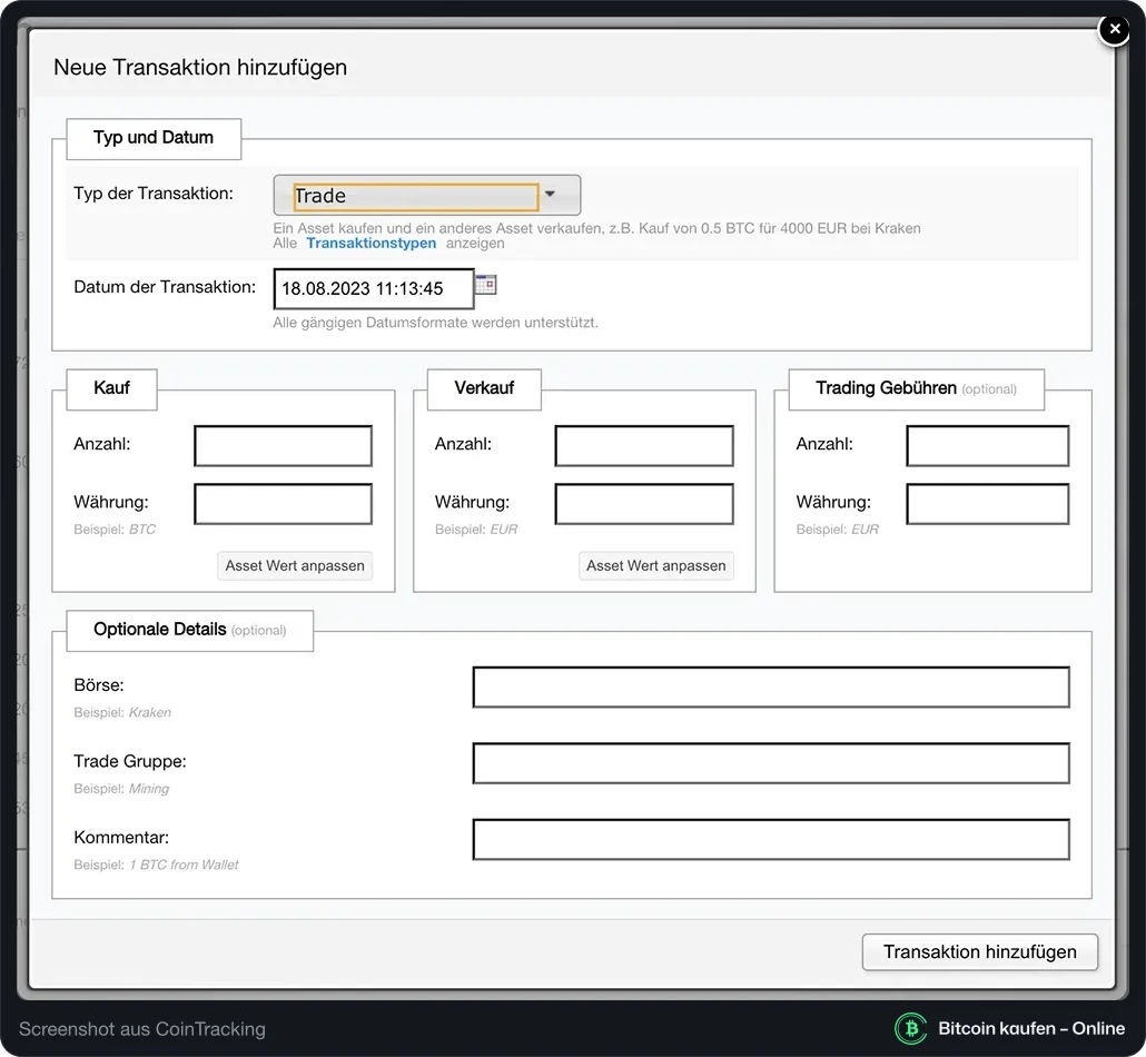 NFT-Transaktion eintragen