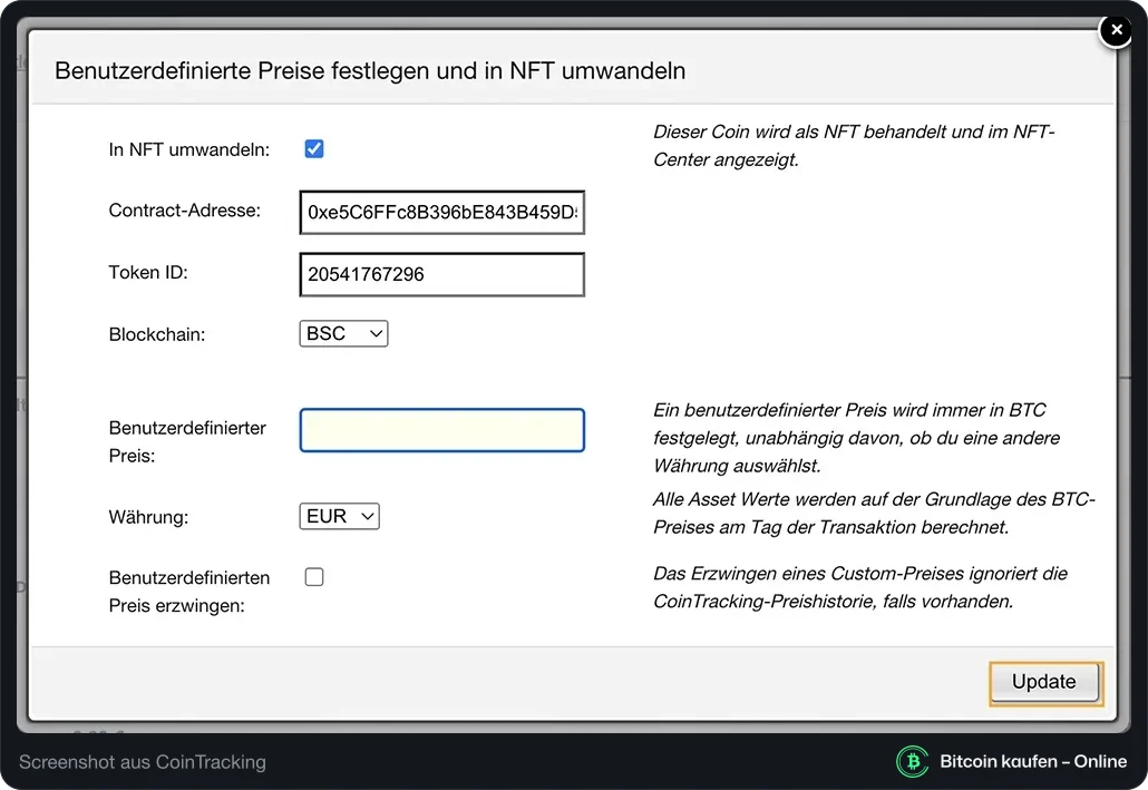 NFT Daten in CoinTracking eintragen