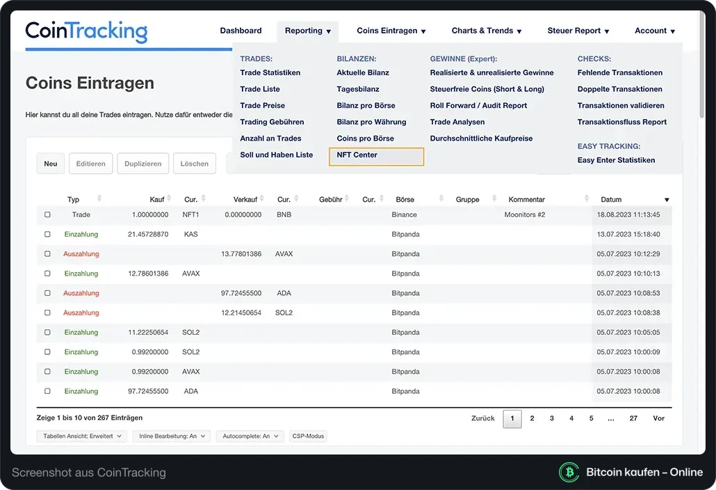 CoinTracking NFT Center öffnen