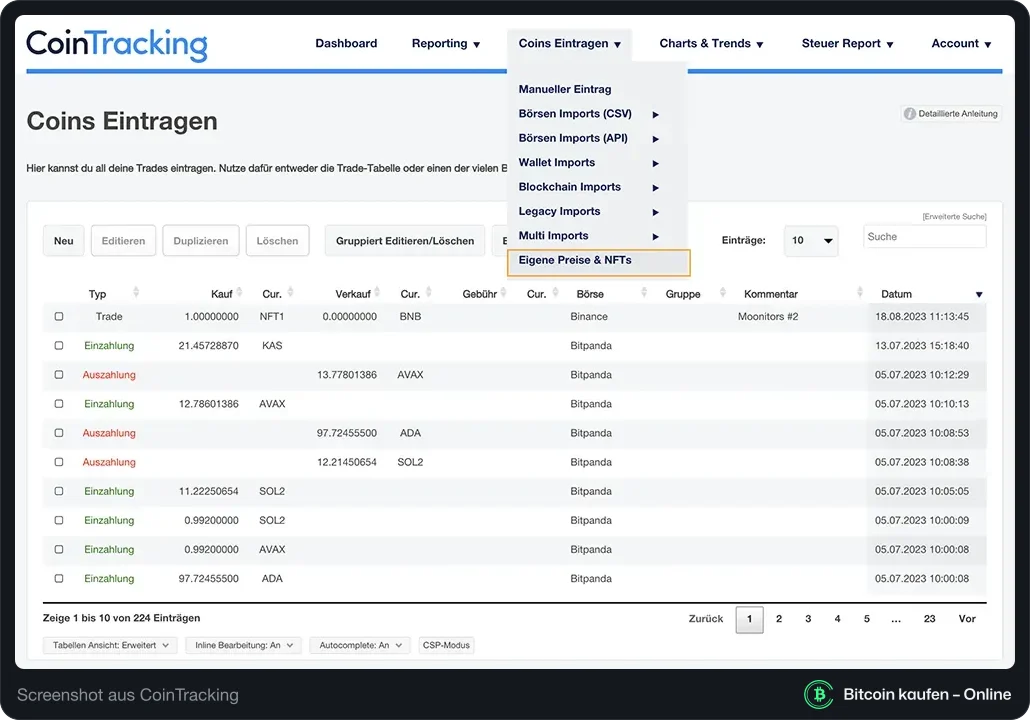CoinTracking NFT Center öffnen