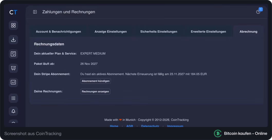 Abrechnungsseite in CoinTracking mit aktivem Expert-Tarif, Ablaufdatum, Hinweis auf die nächste Stripe-Erneuerung und dem Button Abonnement kündigen.