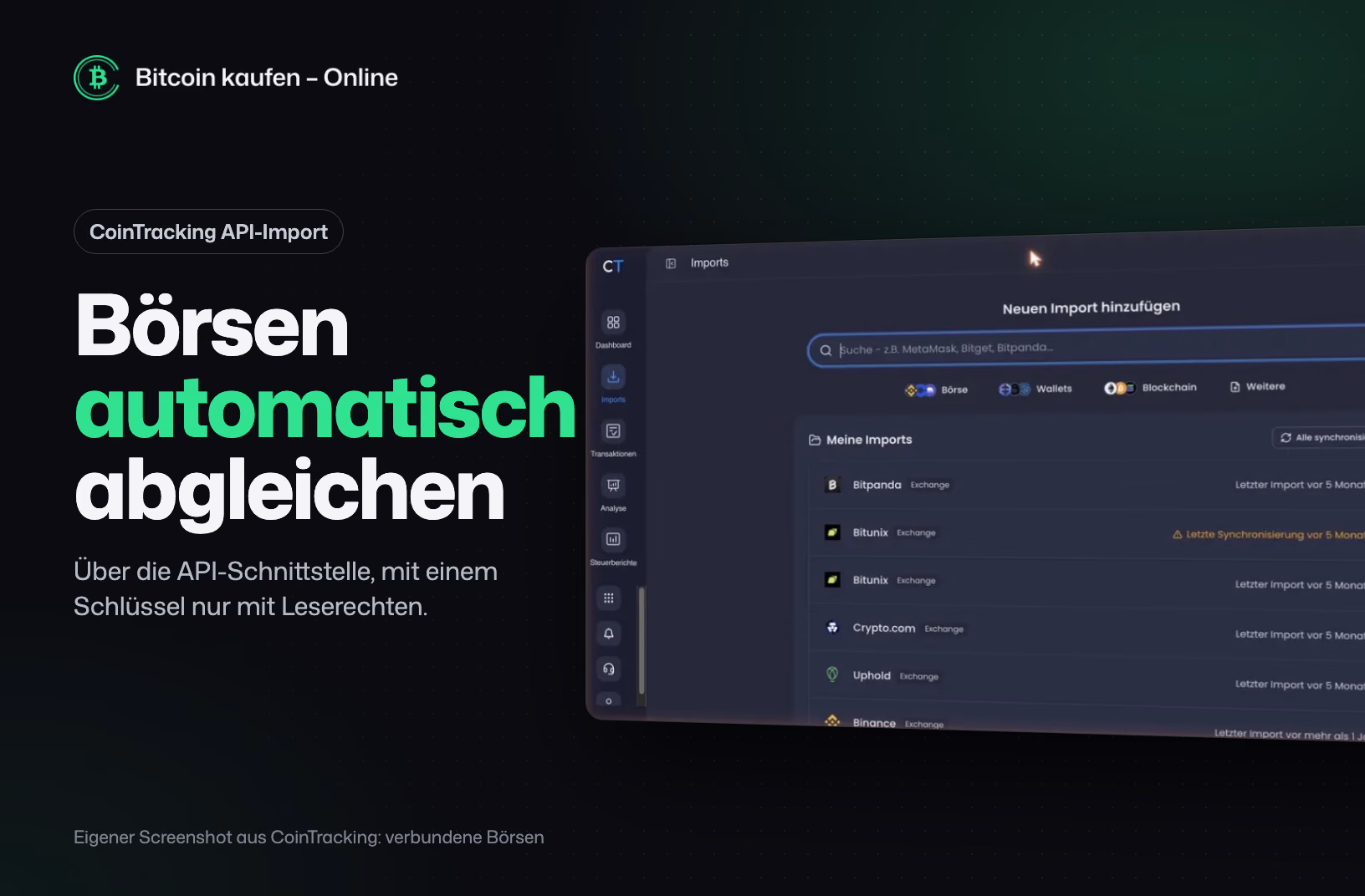 Screenshot aus CoinTracking: Neuen Import hinzufügen und Liste der verbundenen Börsen