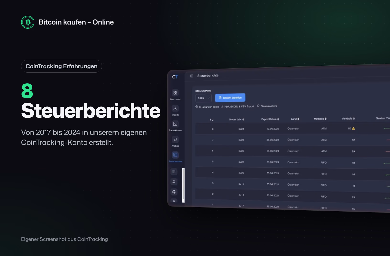 Screenshot aus unserem CoinTracking-Konto: Steuerberichte für Österreich der Jahre 2017 bis 2024
