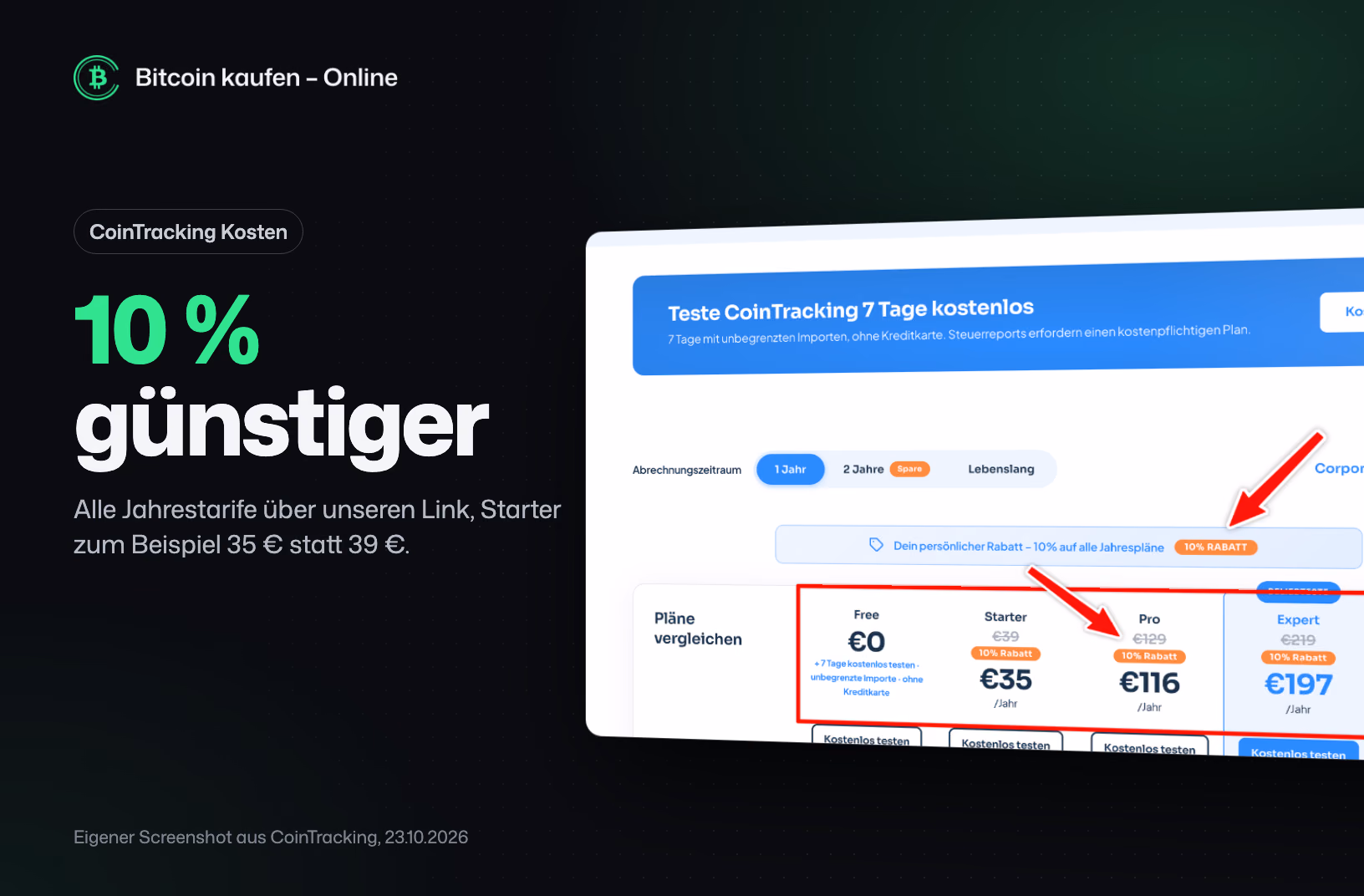 Screenshot der CoinTracking-Preisseite über unseren Partnerlink: Tarife Free, Starter, Pro, Expert und Unlimited mit 10 % Rabatt
