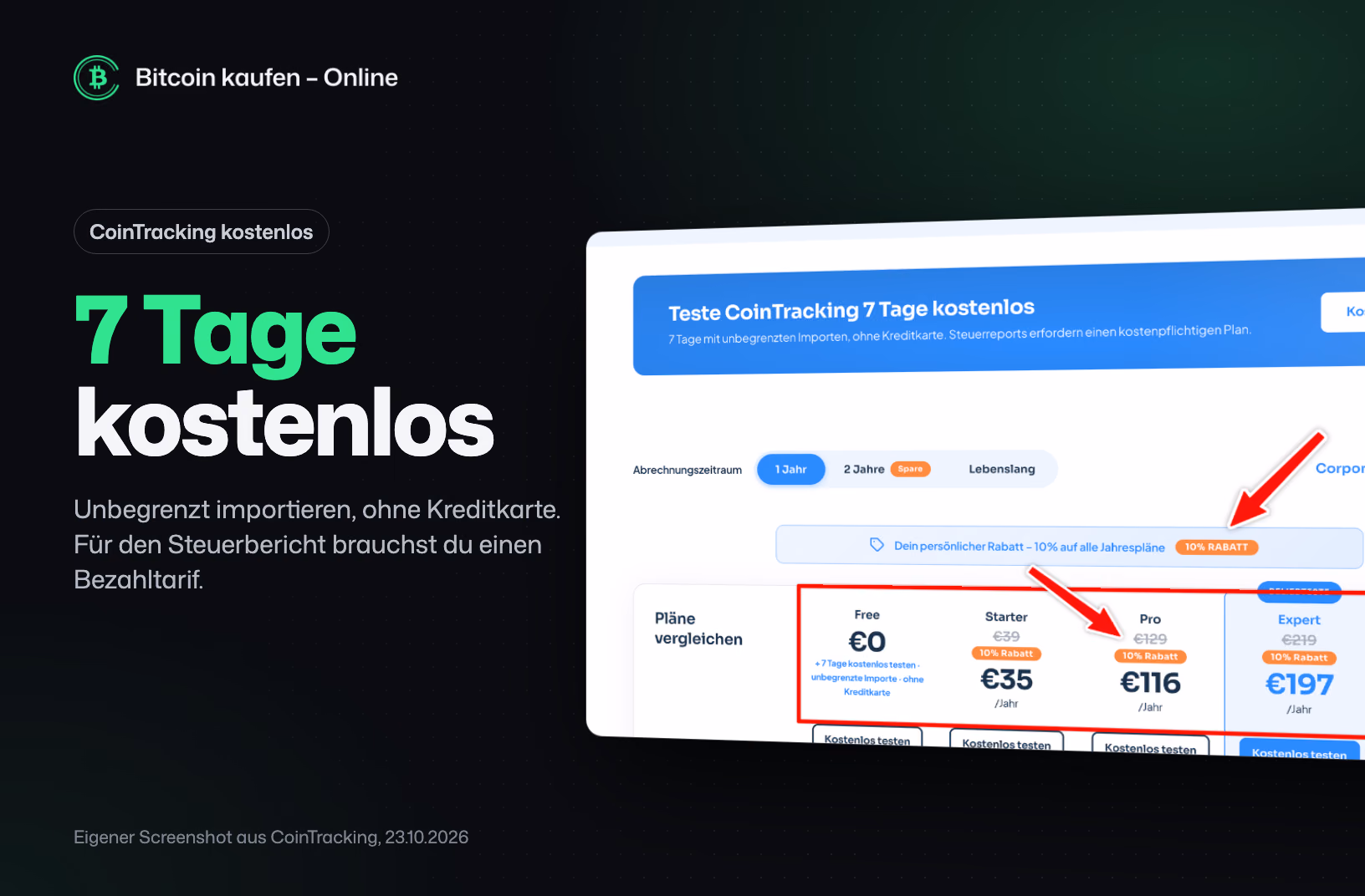 Screenshot der CoinTracking-Preisseite: Hinweis auf 7 Tage kostenlos testen und der kostenlose Tarif Free