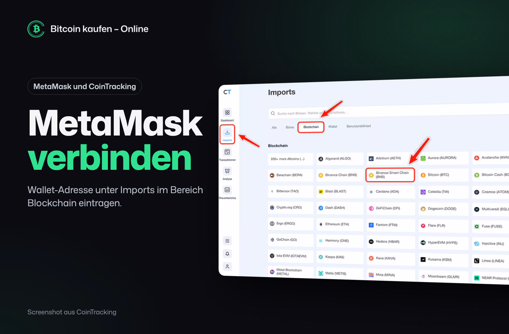 Screenshot aus CoinTracking: Imports, Reiter Blockchain mit Auswahl des Netzwerks