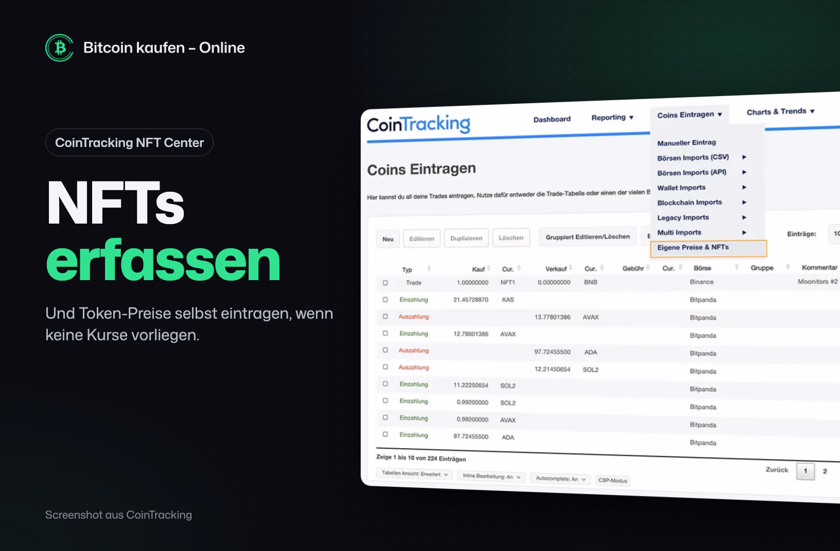Screenshot aus CoinTracking: Menü Coins eintragen mit dem Punkt Eigene Preise und NFTs