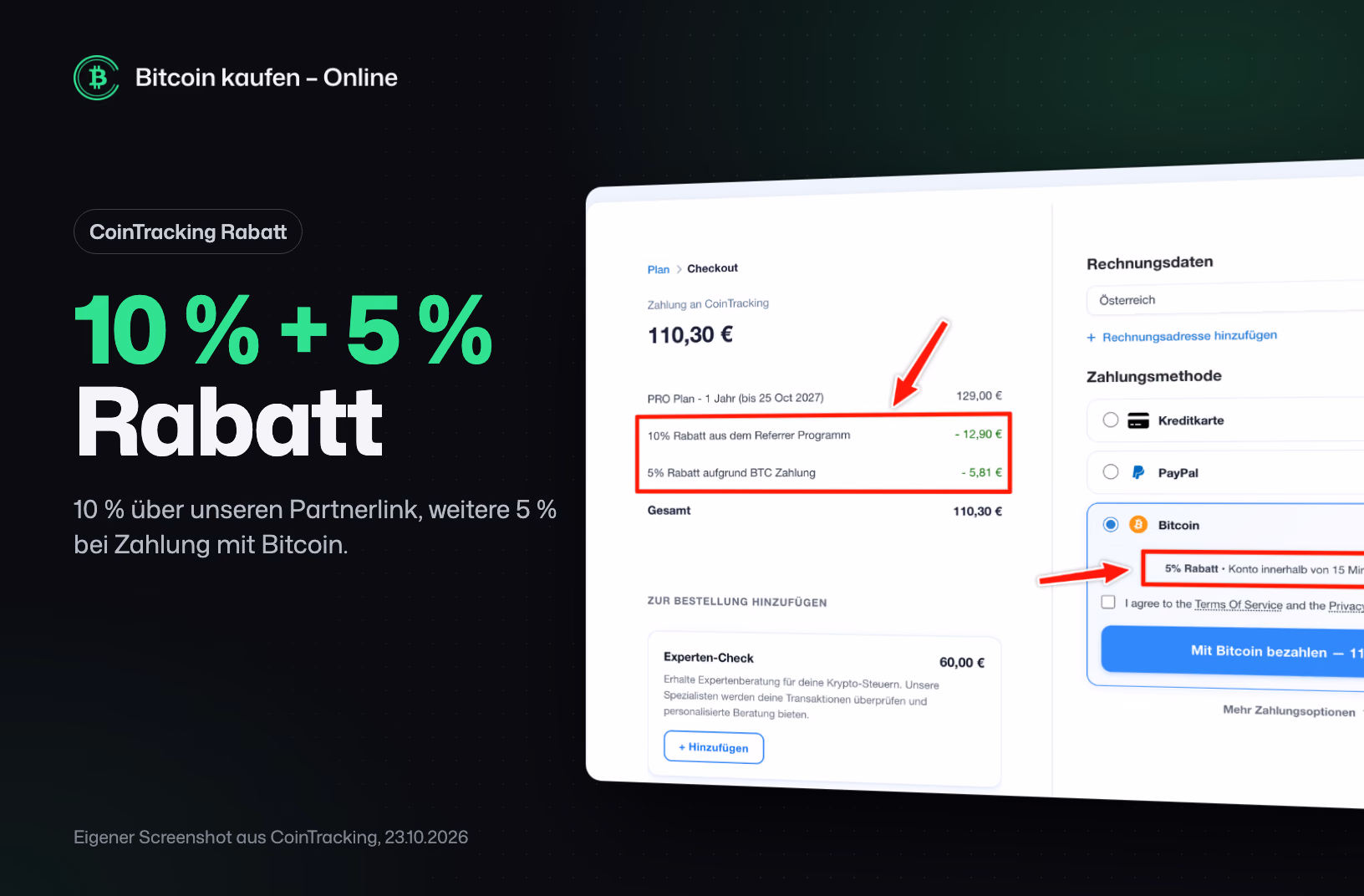 Screenshot aus dem CoinTracking-Checkout: 10 % Rabatt über den Partnerlink und 5 % Rabatt bei Zahlung mit Bitcoin