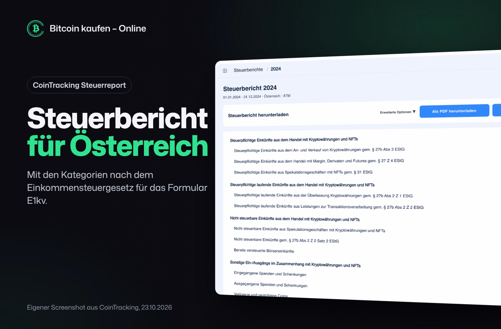 Screenshot aus CoinTracking: Steuerbericht 2024 für Österreich mit den Kategorien nach EStG, Beträge unkenntlich