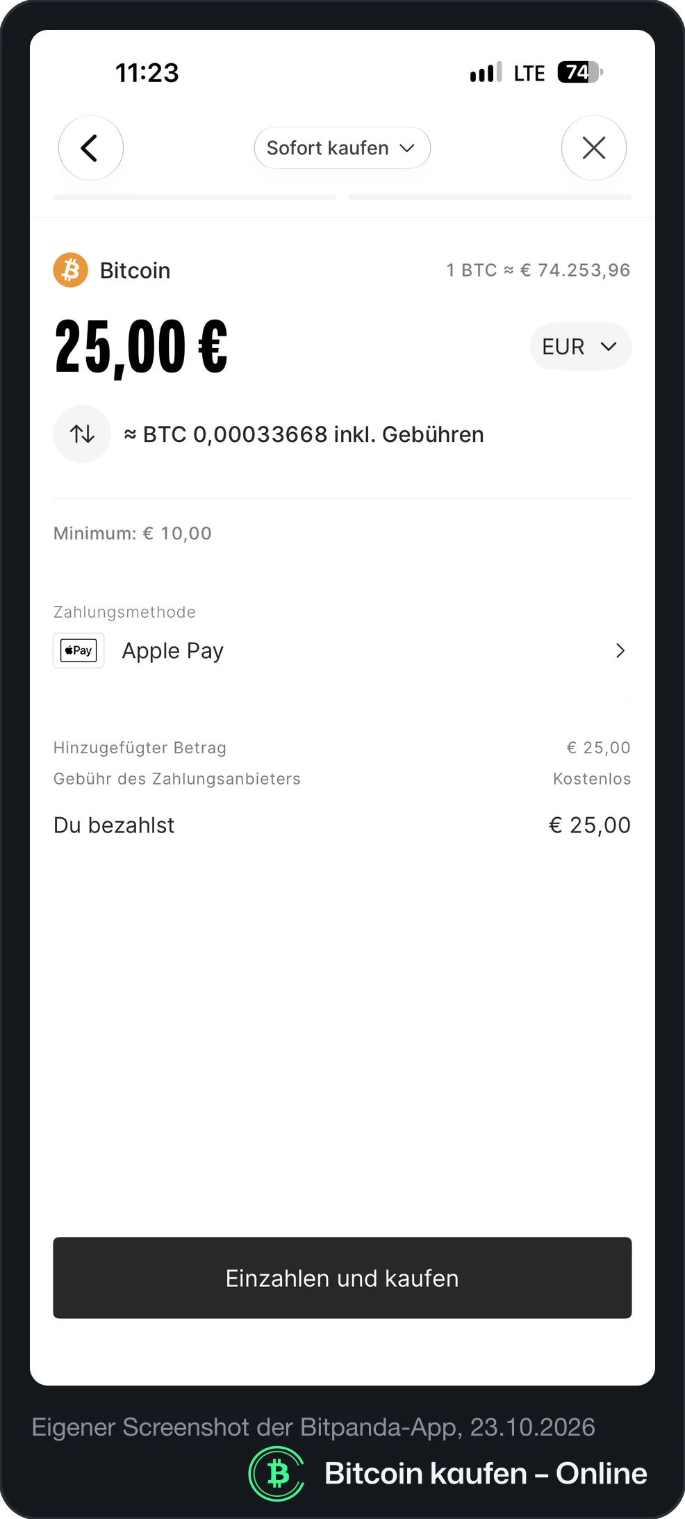 Bitpanda-App: Sofortkauf Bitcoin, Betrag 25 Euro eingegeben, Zahlung mit Apple Pay