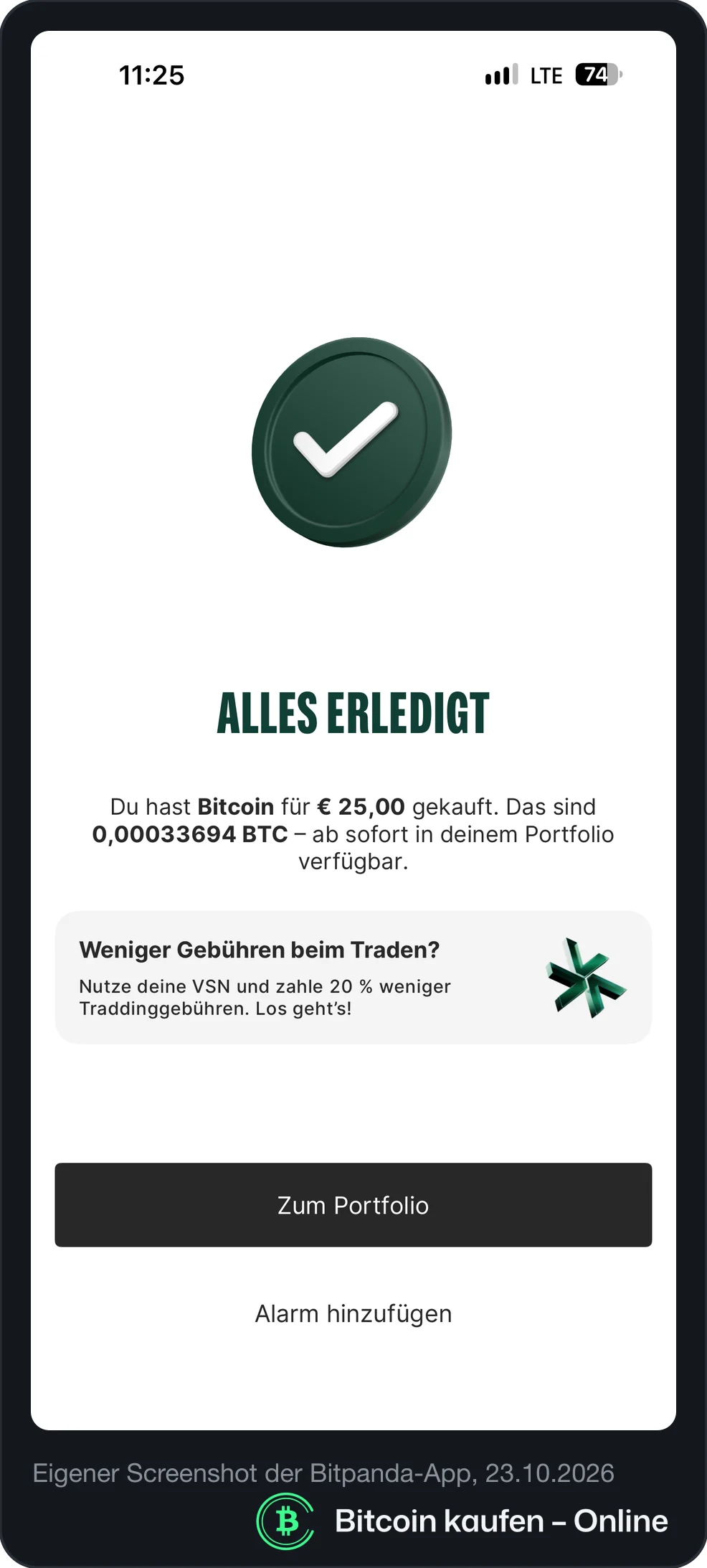 Bitpanda-App: Kauf abgeschlossen, 0,00033694 Bitcoin für 25 Euro