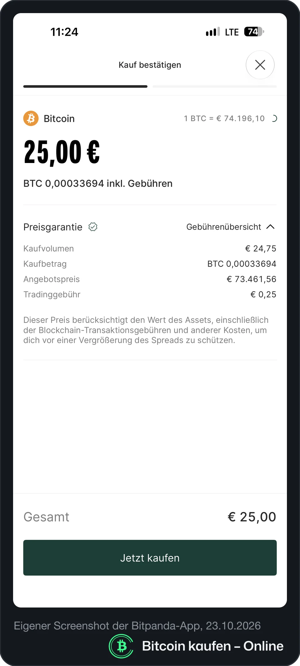 Bitpanda-App: Kauf bestätigen mit Gebührenübersicht, Tradinggebühr 0,25 Euro