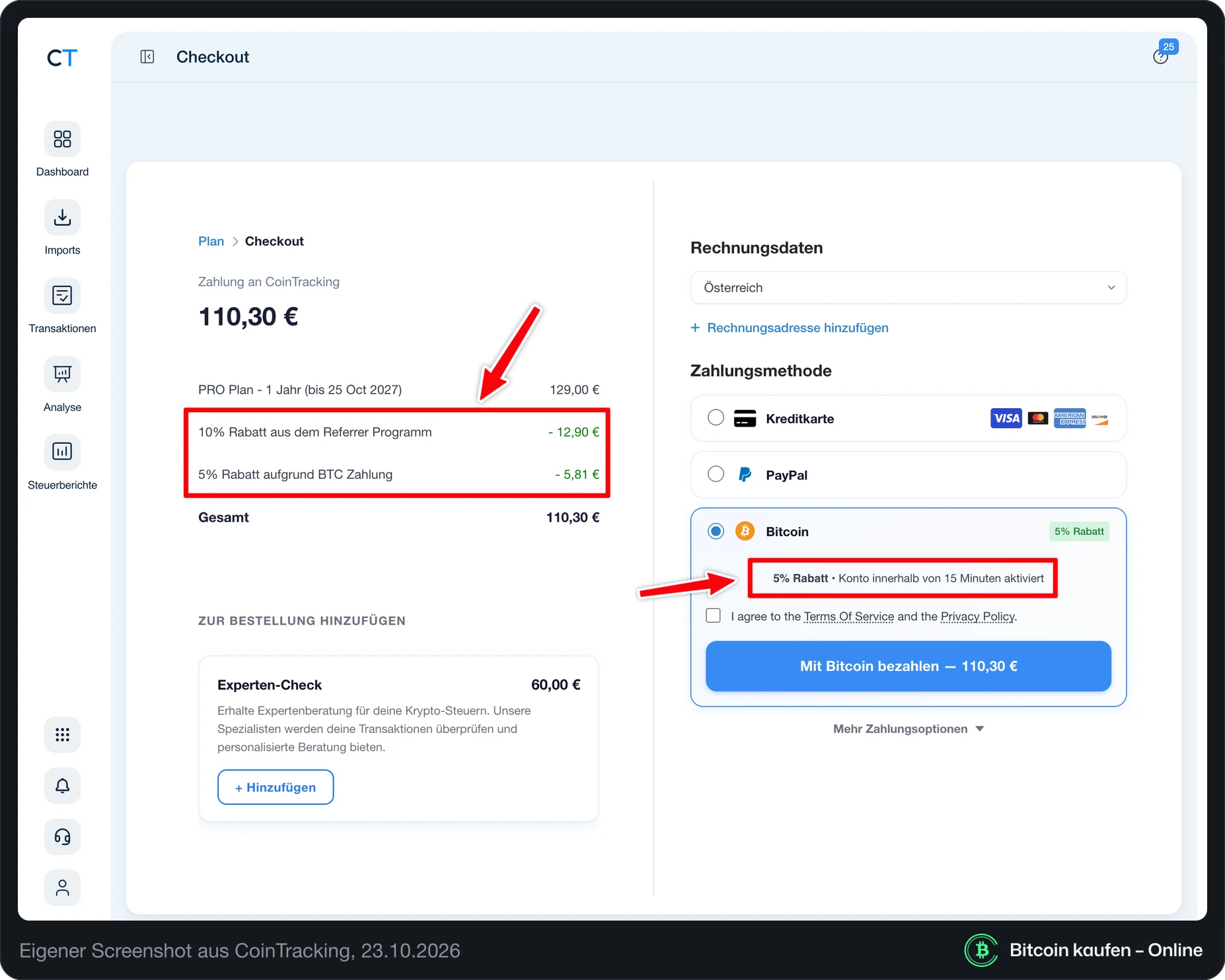 CoinTracking-Checkout für Pro mit 10% Partnerrabatt und 5% Bitcoin-Rabatt, Gesamtbetrag 110,30 €