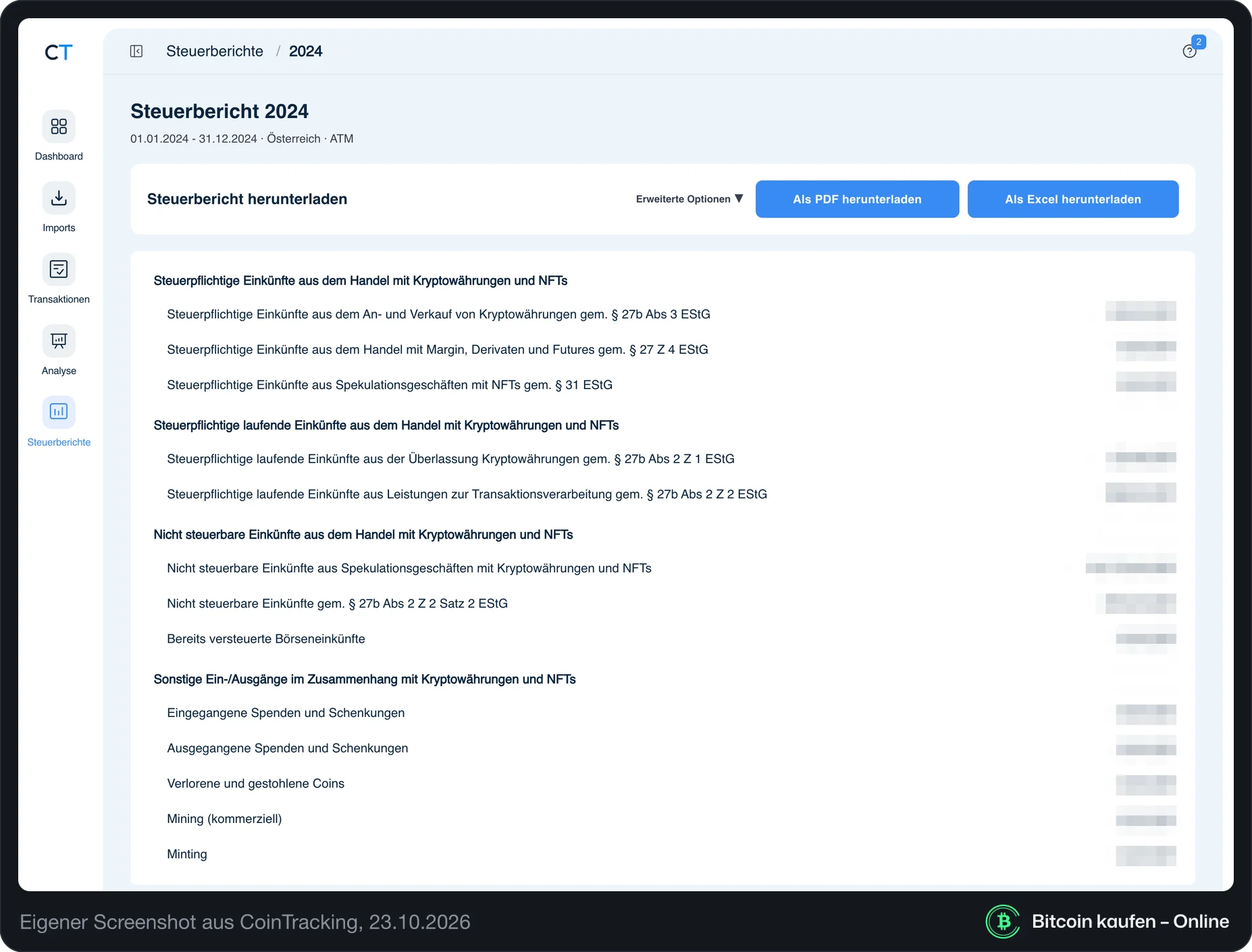CoinTracking-Steuerbericht 2024 für Österreich mit den Kategorien nach EStG, Beträge unkenntlich